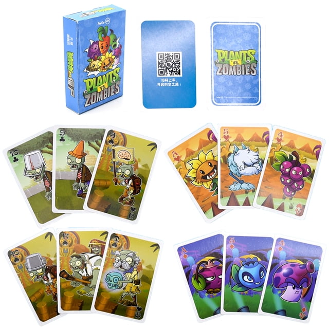 Alician Plants Vs. Zombies Peripheral Toy Card Playing Card Full Set Of Game Card Card Collection Book. This set includes a complete deck of poker-style playing cards with colorful illustrations of Plants vs. Zombies characters. Made of paper, the cards are packaged in a vibrant color box. Designed for ages 3 and up, it is perfect for family card games or as a collectible item. The image displays the box and several cards with detailed character artwork.