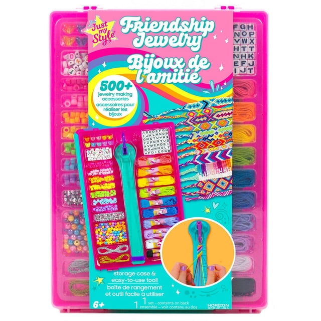 Just My Style On-The-Go Jewelry Studio kit with over 500 beads, alphabet beads, 12 skeins of colourful friendship thread, and a turquoise braiding tool with suction cups, all organized in a pink storage case for making friendship bracelets and custom jewelry on the go.