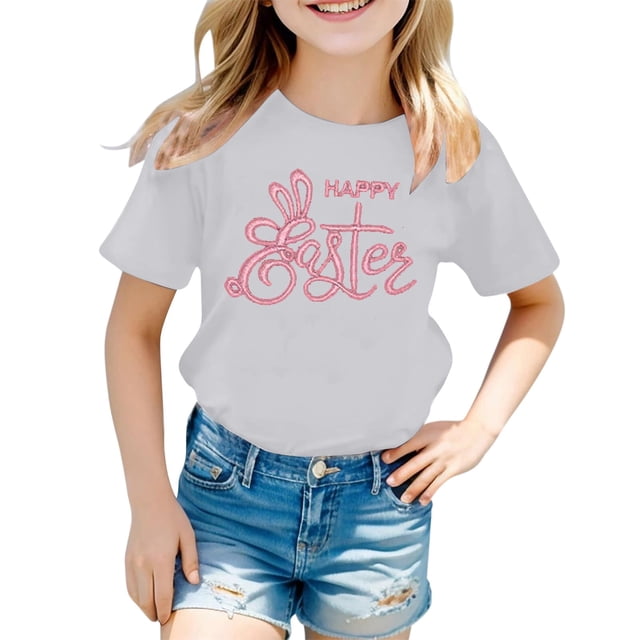 LUOGENLI T-Shirt pour Filles Mode Décontractée Imprimé Col Rond Manches Courtes T-Shirt Chemises pour Filles Midi Chemises Crayon Blanc 4-5 Ans