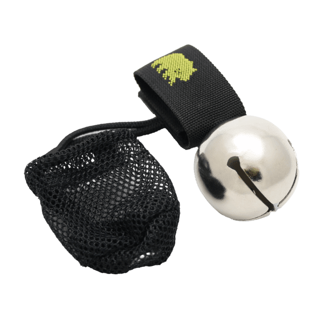 Coghlan's Bear Bell with Magnetic Silencer and Storage Bag, black metal bell on a black nylon strap with a yellow bear logo, paired with a black mesh storage bag, suitable for hiking and game management to alert wildlife safely.