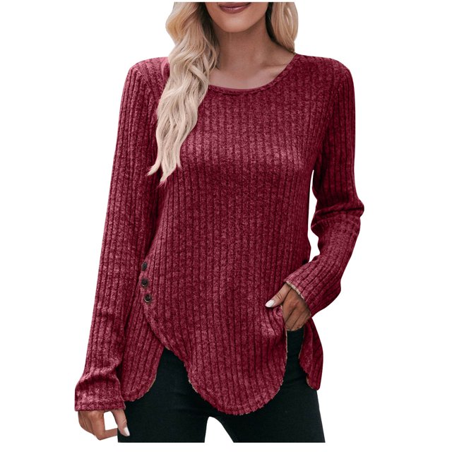 Timegard Tops for Women Ribbed Long Sleeve Scoop Neck Button Pullover Fall Casual Loose Tops Sweater in a rich red color. Designed with a ribbed texture, scoop neckline, and asymmetrical hem featuring decorative buttons on the side. Ideal as a women's casual sweater for fall layering, paired with black pants for a relaxed yet stylish look.
