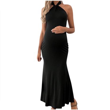 Bwiyojiz Tailles Mode S-TG Coton Post-Gaine Fendue Style Vacances Robe de Maternité Dos Nu Col Long, Noir