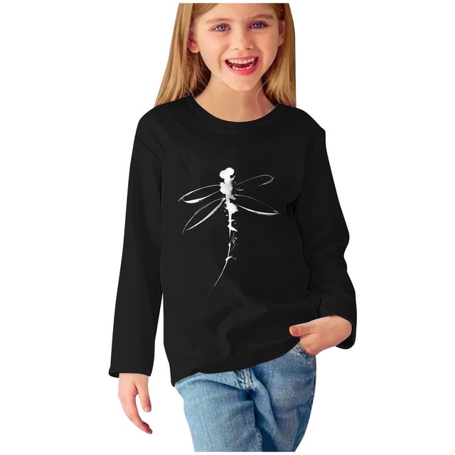 T-shirts à Manches Longues pour Filles, Col Rond, en Coton, Imprimé Libellule, T-Shirts Décontractés d'Automne et de Printemps, T-Shirts Graphiques Basiques pour Enfants (5 Ans, Noir)