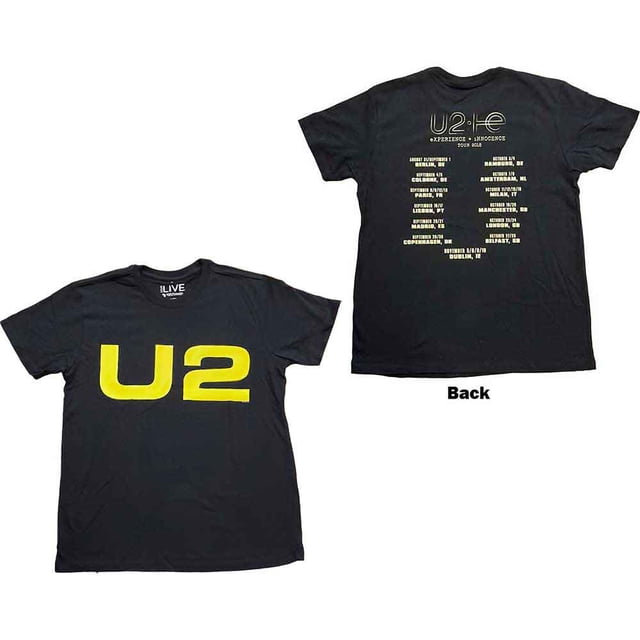 U2 Unisex T-Shirt Logo 2018 (Ex-Tour & Back Print) featuring a black fine jersey fabric with a bold yellow 'U2' logo on the front and a detailed tour date and location print on the back. Classic fit with double-needle sleeve and bottom hem. Officially licensed merchandise.