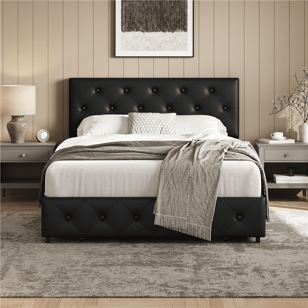 FullFurnique Upholstered Platform Bed Frame with Adjustable Headboard and 3 Drawers Storage, Full, Black