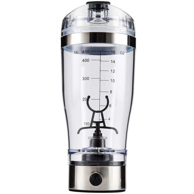 Electric Protein Shaker Bottle, a transparent 450ml rechargeable mixer cup made of ABS and stainless steel. Features a powerful motor for mixing protein shakes, milkshakes, and cocktails. Includes a spill-proof sports lid with a rubber closure and measurement markings in millilitres and ounces. Ideal for gym, university, or work use.