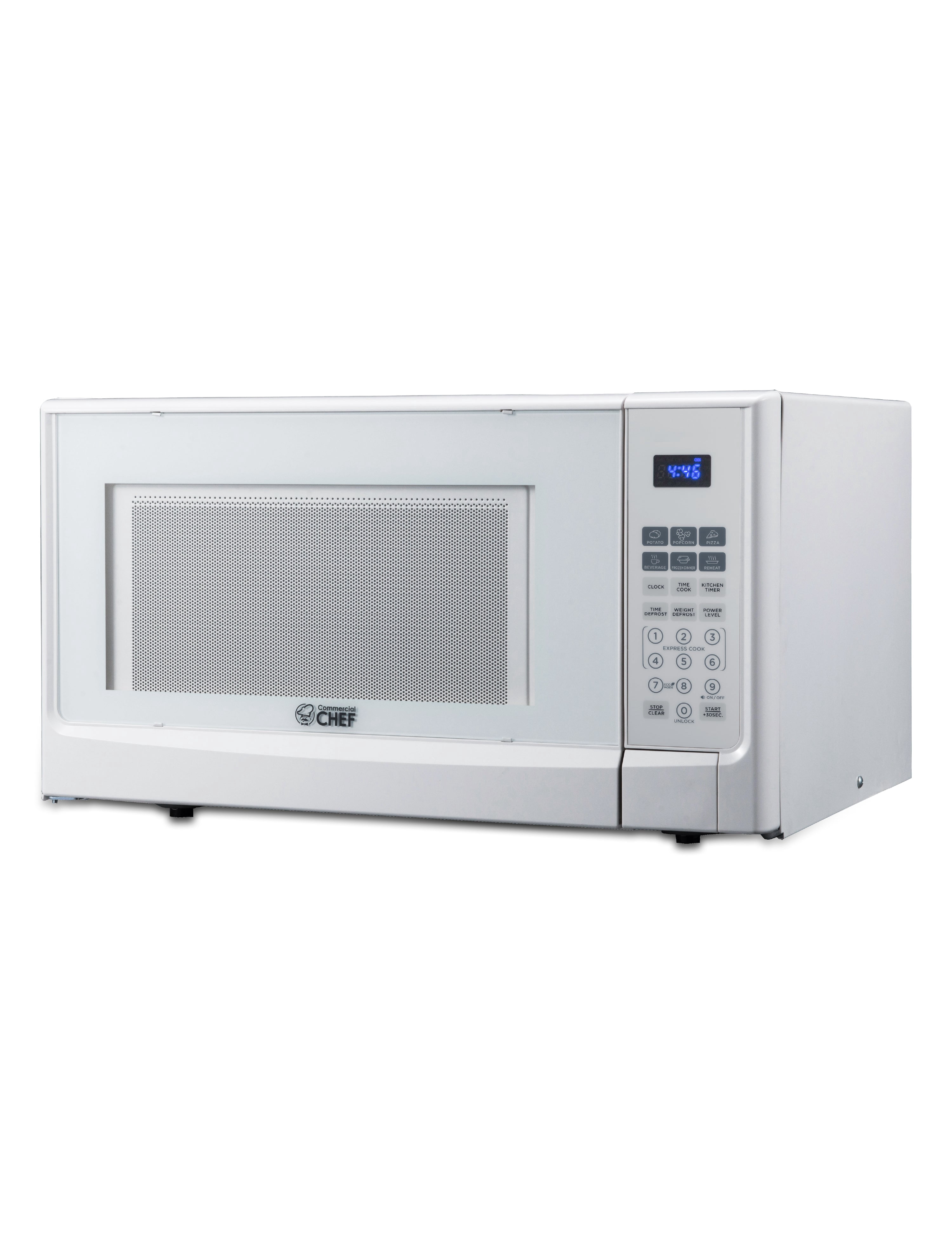 Commercial Chef 1.4 Cu. Ft. Countertop Microwave Oven, Touch Controls with Digital Display, 1100W, Push Button Door, CHM14110W6C, White