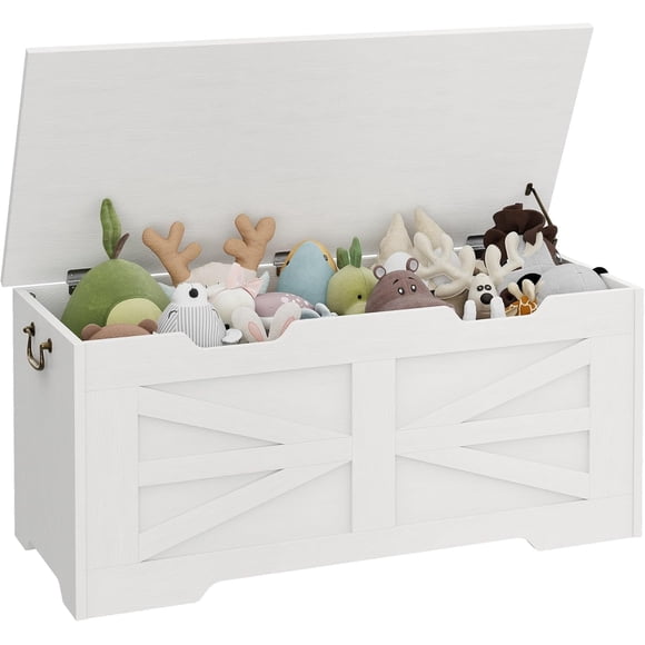 39.4" Toy Chest, Large Storage Chest with Safety Hinge, Kids Wooden Toy Box with Lid, Supports 350 lbs, Storage Bench Trunk for Entryway, Living Room, Bedroom, White
