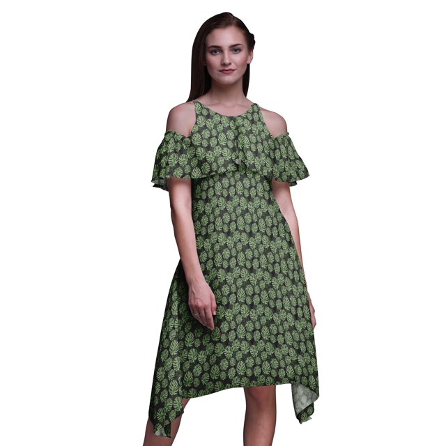 Bimba Robe Midi à Épaules Dénudées pour Femmes, Tunique de Fête, Manches Volantées, Imprimé de Feuilles Noires - X-Small