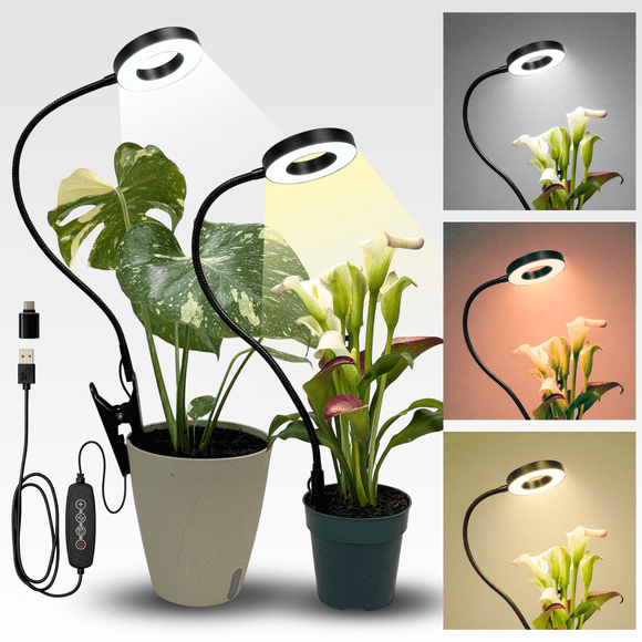 LED Grow Light for Indoor Plants, Clip or Insert Plant Light with 360° Flexible Gooseneck, 3 Light Modes, 10 Brightness Levels, Timer, USB with USB-C Adapter Included-2 Pack