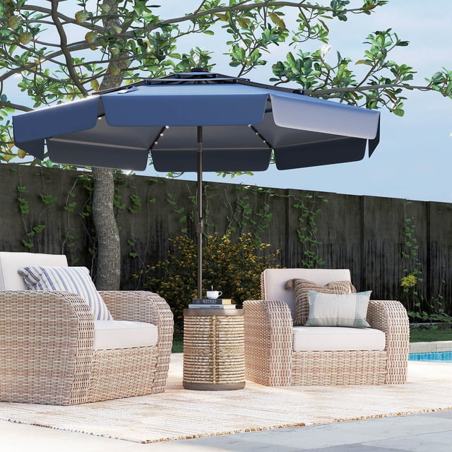 Costway 10 FT Solar Patio Umbrella with 32 LED Lights 3-Tier Vented Top & Ruffles Blue