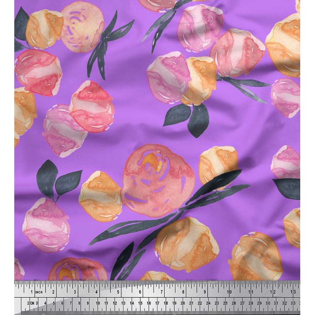 Soimoi Georgette Viscose Fabric Flower & Leaves Watercolor Print Sewing Fabric Yard 42 Inch Wide