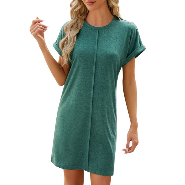 TJAZFJPA Robes pour Invité de Mariage Femmes 2025 Mode Décontractée Printemps et Été Col Rond Couleur Unie Manches Courtes Couture Robe Tunique Robes de Noël pour Femmes