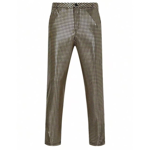 Lovzfmll Men's Metallic Sheen Straight-Leg Pants with Check Pattern, Perfect for Stage Performances and Night Outings Gold, L