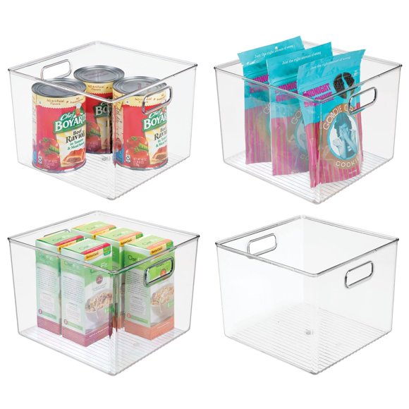 mDesign Bac de Rangement Moderne en Plastique avec Poignées pour Organisation de Cuisine - Étagère Armoire et Placard Décor - Collection Ligne - Lot de 4 - Transparent