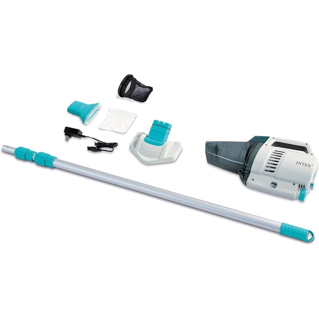 Intex ZR200 Handheld Pool Vacuum with cordless handheld unit, long telescoping aluminum pole, two turquoise interchangeable brush heads, rechargeable battery charger, and dual filter bags for pool and spa cleaning.