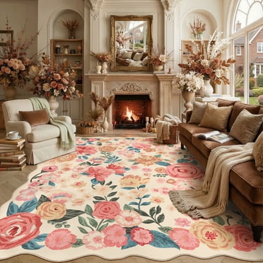 BERTHMEER 6'x9' Area Rugs for Living Room Clearance Large Floral Bedroom Dining Room Farmhouse Traditional Oriental Machine Washable Flower Vintage Rugs Carpets, Beige