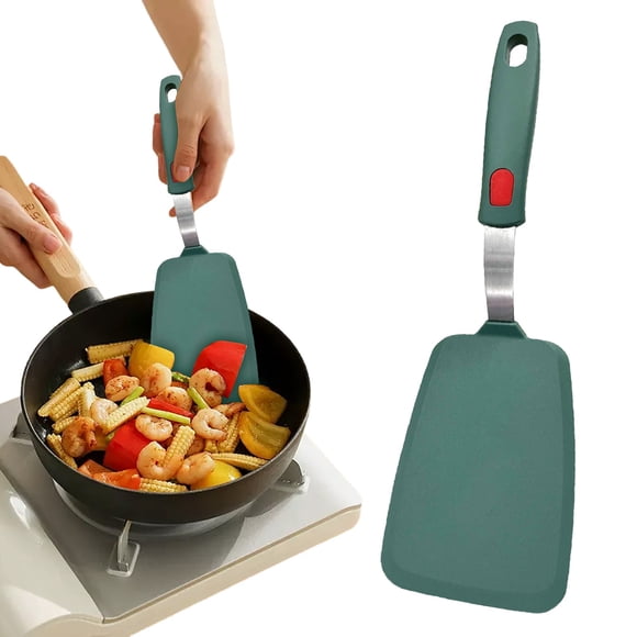 Dark Green Flexible Silicone Turner Spatula, Non Stick Kitchen Cooking Utensil for Griddle Eggs Burgers, Large Solid 32.5x10.5cm, 1 Spatula