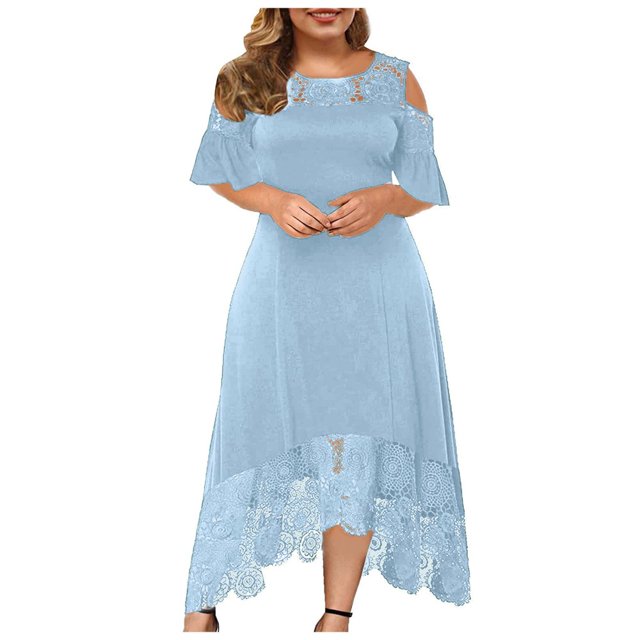 CHUANK Robes Maxi d'Été Grande Taille pour Invitée de Mariage Robe en Dentelle à Empiècements Épaules Dénudées Longues Robes Manches Courtes