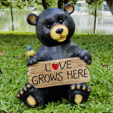 Statue d'Ours Assis Tenant un Panneau d'Amour Décoration de Jardin et de Cour Excellente Option de Cadeau