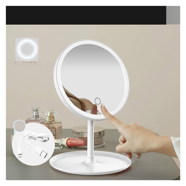 Miroir de Maquillage à DEL avec Lampe avec Rangement, Miroir Cosmétique de Bureau Rotatif, Lumière, Gradation Réglable, Miroir de Meuble-Lavabo USB, Utilisation Grand