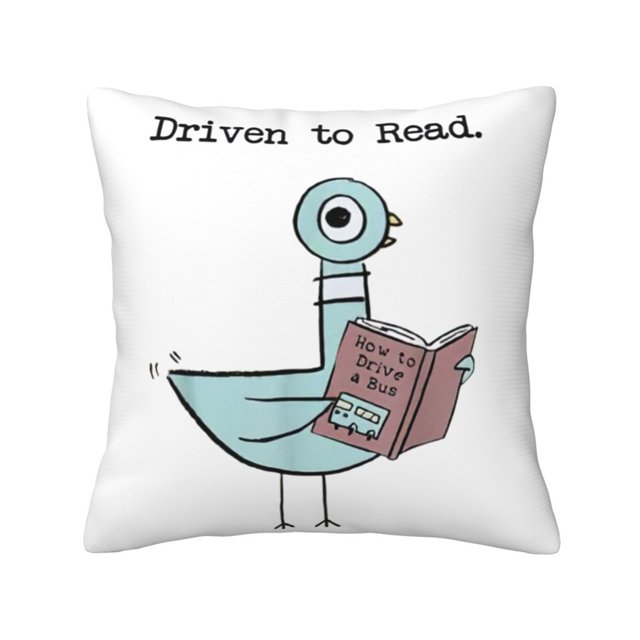 Driven To Read Pigeon Library Reading Books Reader Funny Throw Pillow Cover featuring a whimsical illustration of a blue pigeon holding a book titled 'How to Drive a Bus' on a white background. Made of 100% spun-polyester fabric with double-sided print and a hidden zipper design for easy use. Suitable for bedrooms, living rooms, children's rooms, or as car decor. Pillow insert not included.