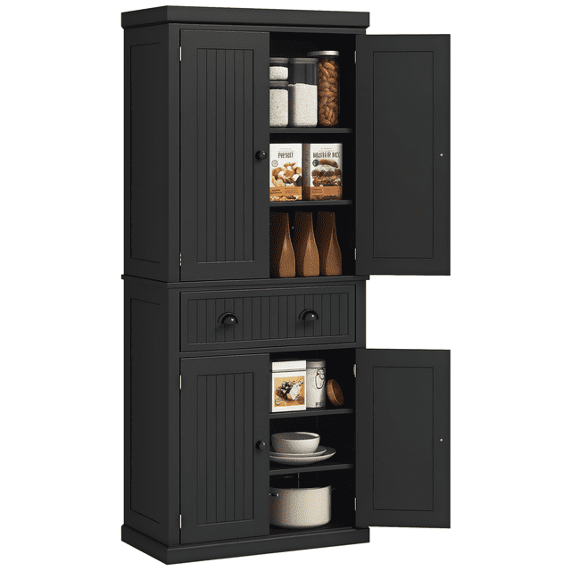HOMCOM Garde-Manger de Cuisine de 72 Pouces, Armoire de Rangement Autoportante avec Tiroir, Portes en Fini Noir. Cette Armoire de Garde-Manger Présente des Panneaux de Plaques de Perles, des Poignées Antiquités et un design à 6 Niveaux avec des Tablettes Ajustables pour un Rangement de Cuisine flexible. Comprend un Grand Tiroir et des Portes à Fermeture Magnétique pour un Accès et une Organisation Faciles.