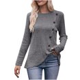 thumbnail image 3 of Pompotops Women's Solid Round Neck Stripe Brushed Bottom Solid Button T-shirt Top Clearance, 3 of 7
