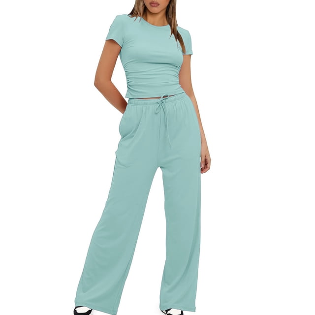 Birdeem Blouses pour Femmes 2 Pcs Mode Femme Col Rond Uni Manches Courtes Blouse + Pantalons Longs Taille Élastique Ensembles