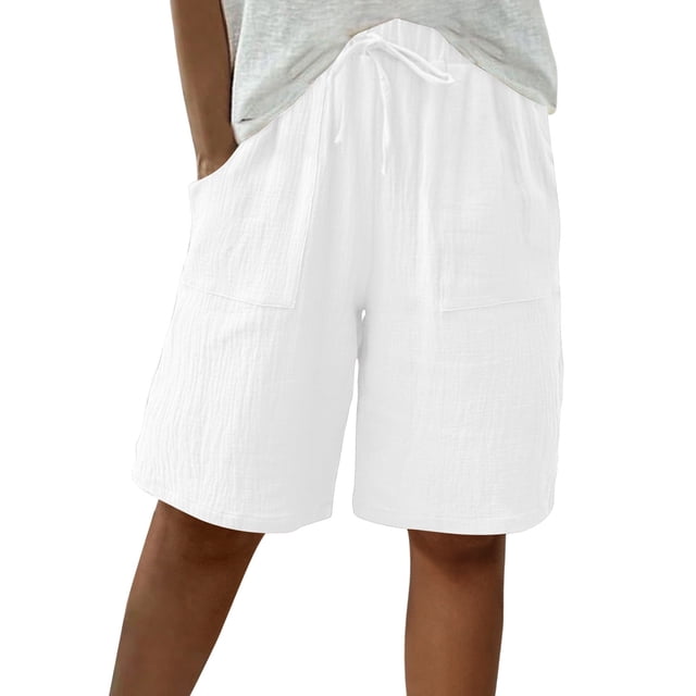 Oksale Plus Size Womens Bermuda Shorts Elastic High Waisted Drawstring Beach Shorts with Pockets Loose Solid Color Wide Leg Shorts for Going Out White S