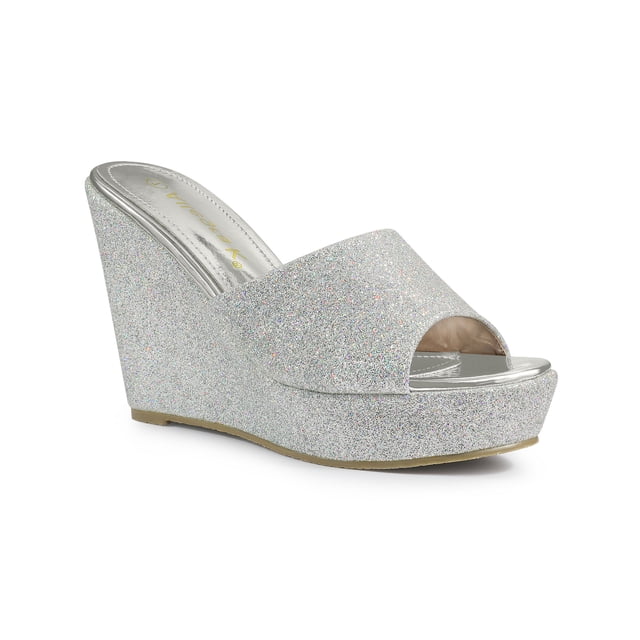 BLISSFUL STEP Women's Glitter Wedge Slide Sandals Open Toe Platform Mules Silver 7