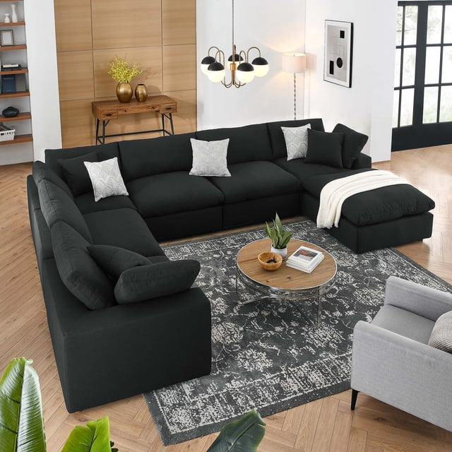 Modway Commix 7-Piece Down Filled Overstuffed Sectional Sofa in Black