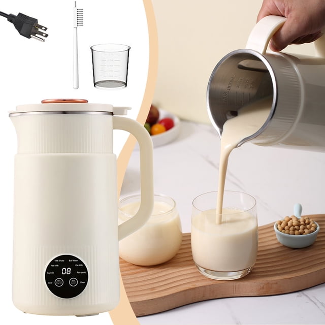 EQWLJWE Nut Milk Maker, an automatic countertop blender with a 1500ml capacity, shown in a multicolour design. The machine features a digital control panel and a stainless steel interior for making almond, oat, soy, and coconut milk, as well as juice and soup. Accessories include a measuring cup, cleaning brush, and power cord. A user is pouring freshly made soy milk into a glass, with soybeans and additional glasses displayed on a wooden tray.