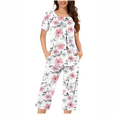 Rbaofujie Robe for Women Women's Round Neck Short Sleeve Sleepshirt and Pants Sets Loungewear Pajamas with Pockets Fall Pajamas