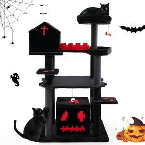 Gymax Gothic Tour de chat haut de 49'' avec lit cercueil & 2 Condos & Perche cozy