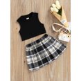 thumbnail image 3 of Faithtur Toddler Girl Fashion Outfits Set, Solid Color Ribbed Sleeveless Tank Tops + Elastic Waist Contrast Color Plaid Pleated Skirt, 3 of 9