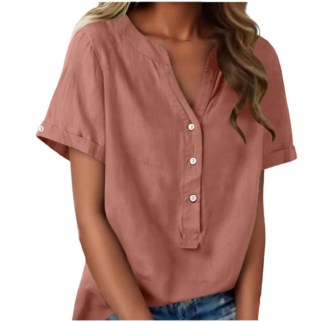 Floleo T-Shirt à Manches Courtes pour Femmes, Style Lin, Col en V, Boutons devant, Demi-Ouverture, Haut Vintage Classique, Respirant, Confortable, Extensible, Tissu Fin, Printemps Été Automne, Tenue Quotidienne (Rose#1, S)