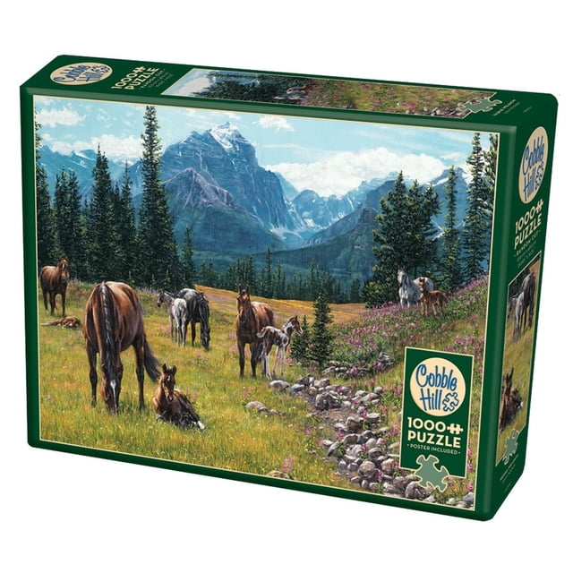 Cobble Hill Casse-Tête - Prairie de Chevaux, Casse-Tête de 1000 Pcs Présentant une Oeuvre Détaillée de Chevaux Broutant dans un Prairie Entouré de Montagnes sous un Ciel Bleu Éclatant. Conçu par Kim Penner, Ce Casse-Tête Présente des Pièces à Coupe Aléatoire, du Papier de Lin Antireflet et des Matériaux Écoresponsables. Idéal pour les Passionnés de Casse-Têtes, la Taille Finie Est de 19,25 x 26,625 Pouces