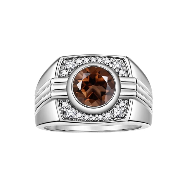 RYLOS Mens Rings 14K White Gold Designer Round Gemstone & Sparkling Diamond Ring Smoky Quartz June Birthstone Rings For Men, Men's Rings, Gold Rings Sizes 8 - 13