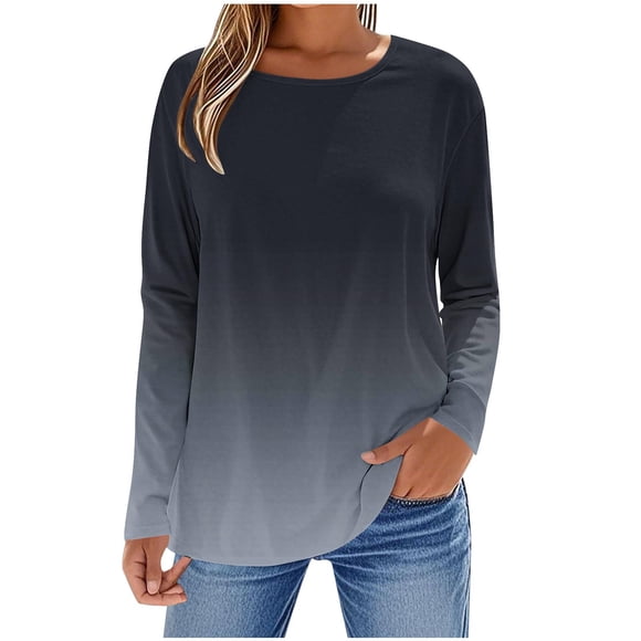 SROBPTY Womens Long Sleeve Shirts, Women's Fashion Fallow Printing Round Neck Long Sleeves T-Shirt Top Black, XXL