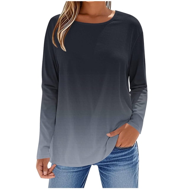 SROBPTY Longues Chandails à Manches pour Femmes, T-Shirt à Col Rond à Manches Longues avec Imprimé Automnal pour Femmes en Noir, Taille TTG. Ce T-Shirt pour Femmes Présente un design Dégradé Transitionnant des Tons Foncés aux Tons Clairs, avec une Encolure Ronde et une Coupe Décontractée. Idéal pour un Style Décontracté, Quotidien, Fête Ou Tenue à la Maison.