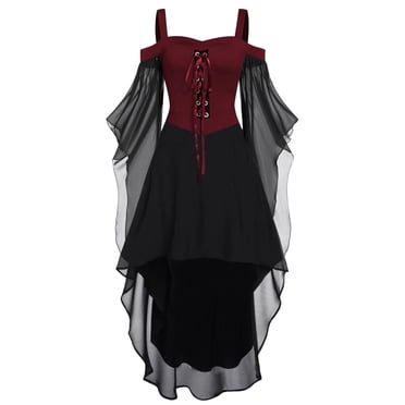 Pisexur Robe Gothique pour Femmes Robe Vintage de la Renaissance Bretelles Fluide Surdimensionnée Robes Maxi Mode Robe Médiévale pour Femmes Costumes d'Halloween Grande Taille P-5TG