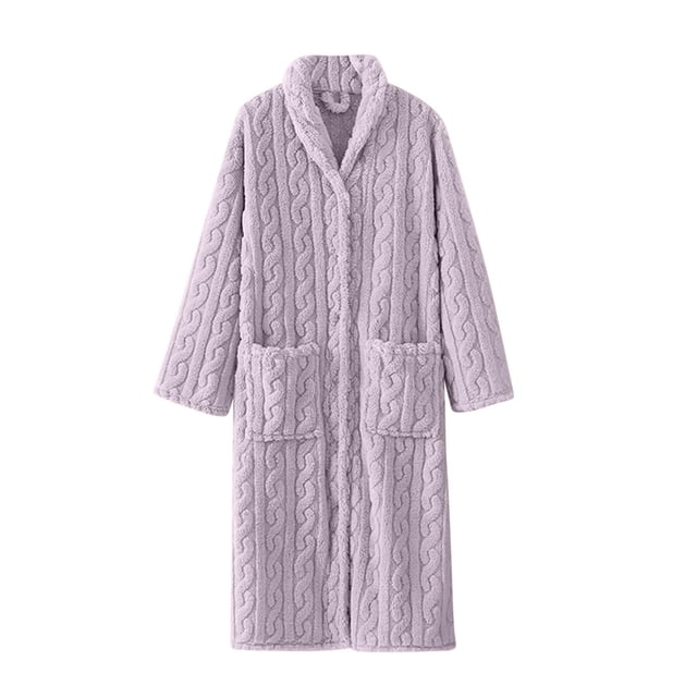 ManxiVoo Womens Robe Long Bathrobe Cozy Warm Shawl Collar Spa Robe Textured Housecoat Loungewear in size M and purple color. This fuzzy, knee-length robe features a textured fabric with a shawl collar for added warmth and elegance. It includes two front pockets and is designed for comfort during cold days, post-shower relaxation, or as loungewear. Made from soft polyester, it ensures a cozy fit and is suitable for daily home use.