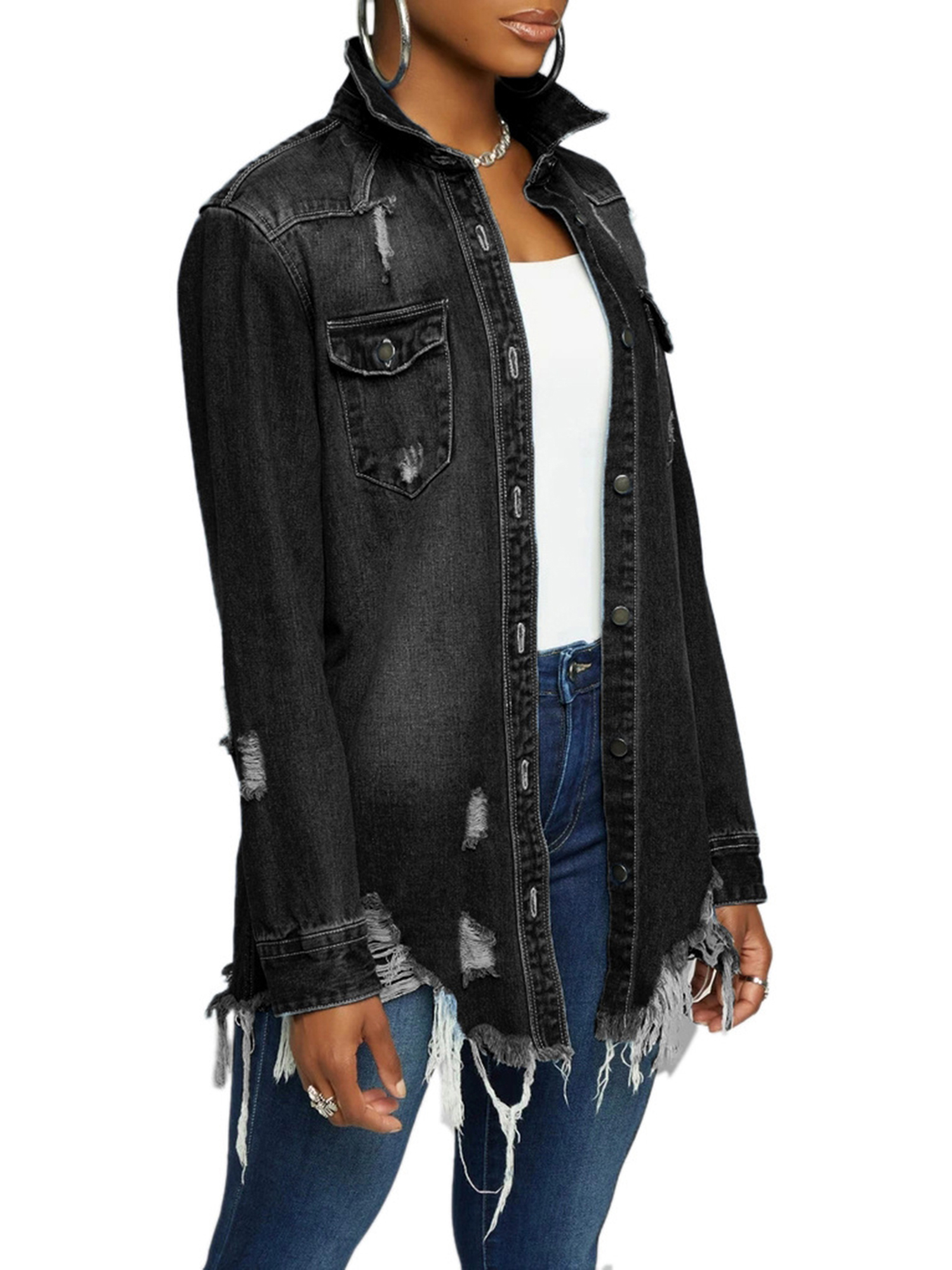 Women Jean Jacket Long Sleeve Classic Distressed Butterfly Denim Overized Shirt Outwear