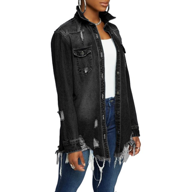 Women Jean Jacket Long Sleeve Classic Distressed Butterfly Denim Overized Shirt Outwear
