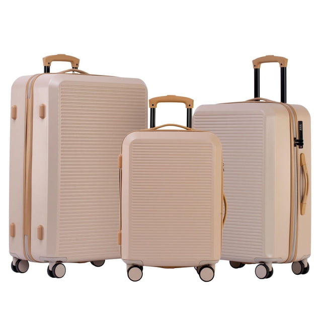 3-Piece Hardside Luggage Set with 28 inch, 24 inch large suitcases and 20 inch carry-on luggage in beige with tan handles, featuring textured horizontal ridges, integrated TSA-approved locks, locking telescopic handles, and 360° spinner wheels for easy travel mobility, also suitable for organized packing and secure transport.