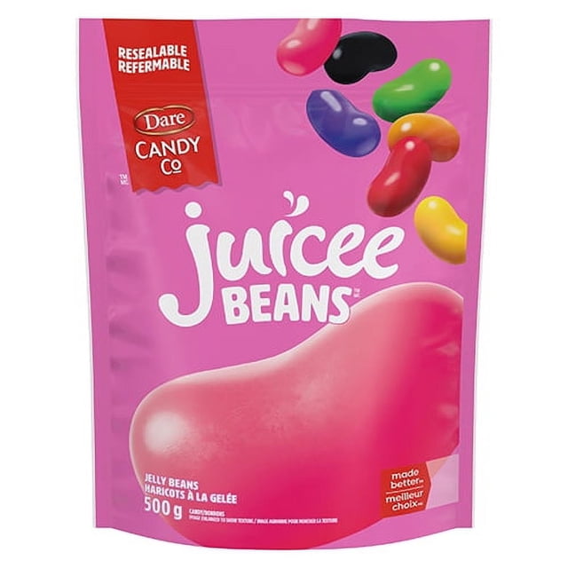 Dare Juicee Beans Candy jelly beans in a resealable pink bag with multicolour beans including red, yellow, green, black, purple, and orange, gluten free, dairy free, fat free, made in Canada, suitable for a chewy candy snack or party treat.