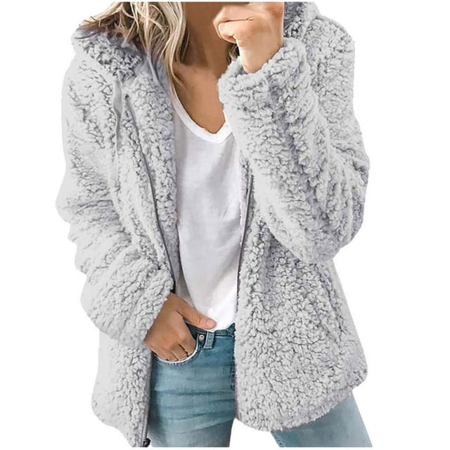 Womens Fuzzy Fleece Jackets 2023 Clearance Solid Zipper Sharpa Coat Fall Winter Warm Thick Hooded Jacket with Pockets