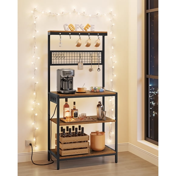 Bakers Rack with Charging Station, 80 cm Coffee Bar with Adjustable Storage Shelf, Microwave Stand, Grid Panel, 12 Hooks, for Kitchen, Rustic Brown and Ink Black