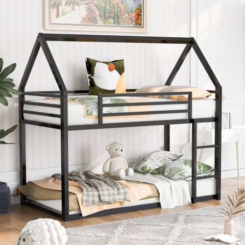 Black Twin over Twin House Bunk Bed with Built-in Ladder